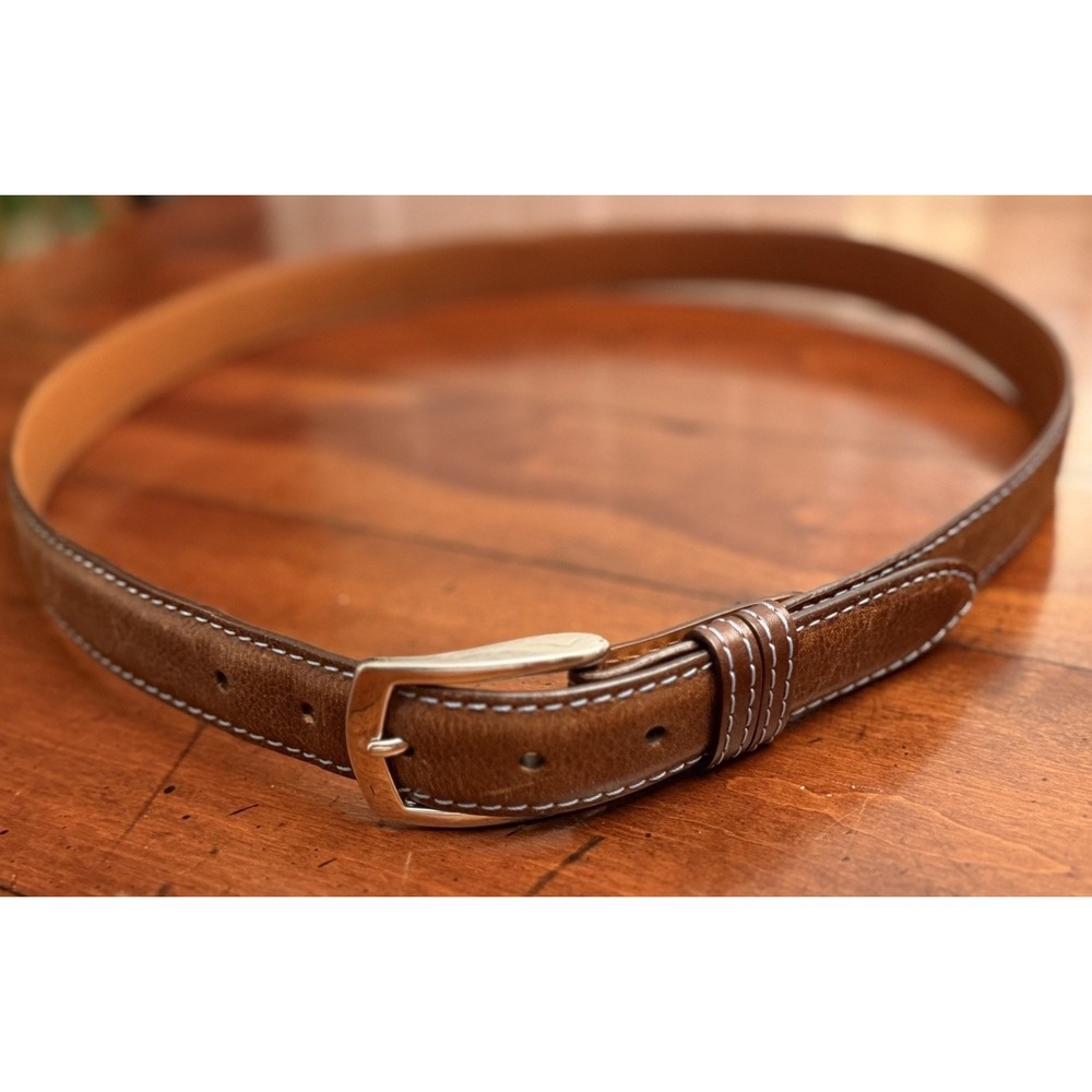 J.Hilburn Men's Brown Leather Dress Belt Size 39 Handcrafted USA Contrast Stitch